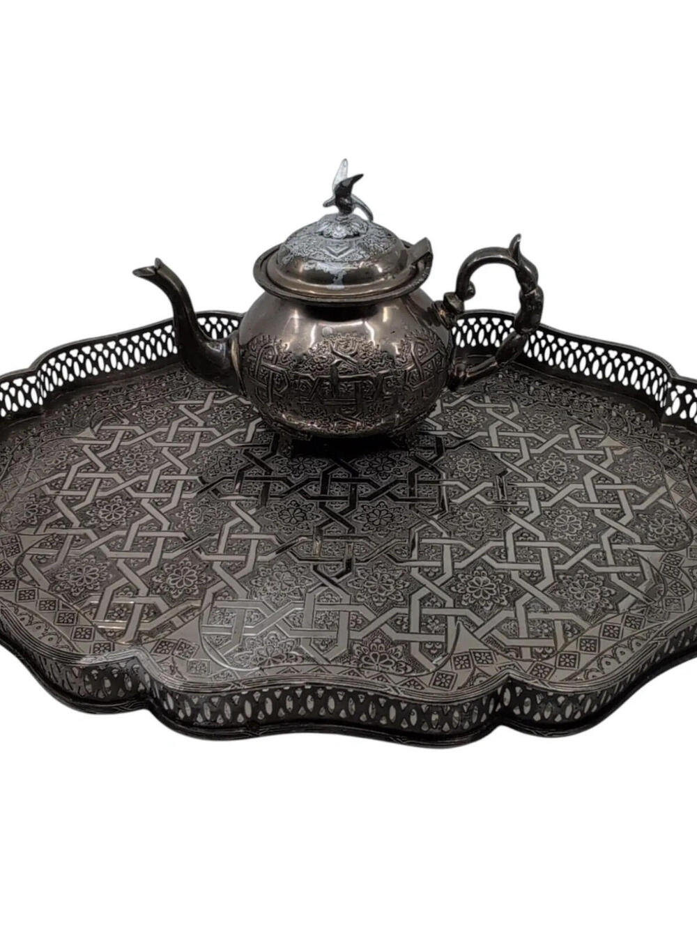 Vintage Moroccan Silver Plated Tea Set Geometric Tray Teapot Serving Silver